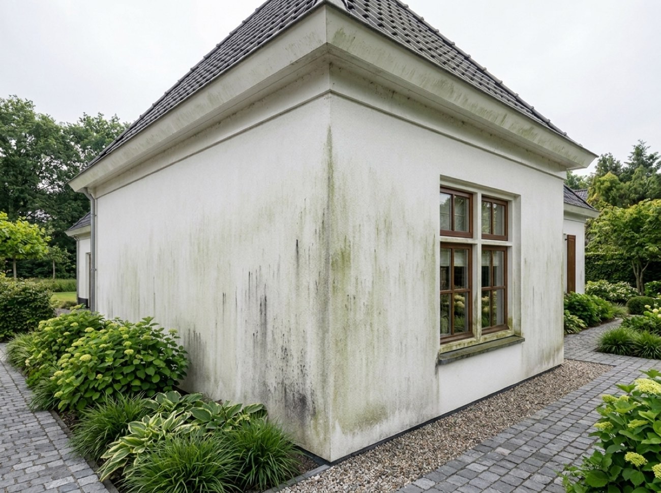 Gestucte witte gevel voor reiniging