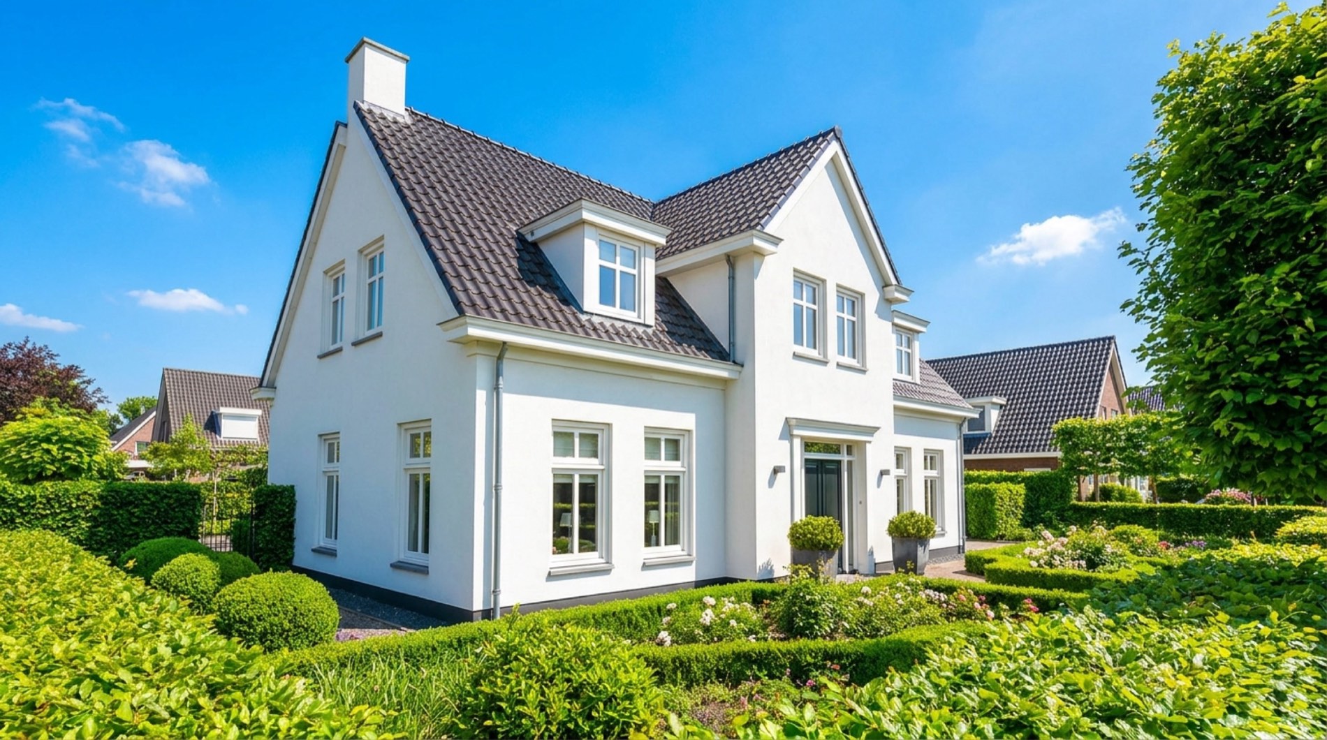 Exclusieve, pas gereinigde vrijstaande woning onder een strakblauwe lucht